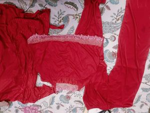 3 Piece Red Satin Night Suit Set In L Size