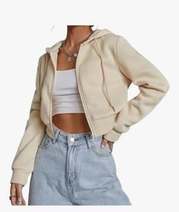 Beige Cropped Zip-Up Hoodie