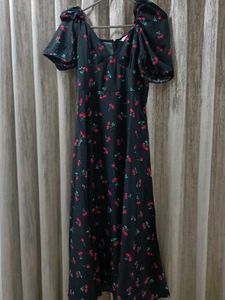 Cherry Print Puff Sleeve Midi Dress