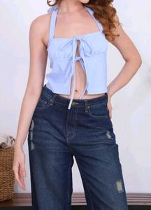 Cute Blue Tie-Front Halter Top