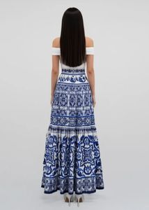 Blue &amp; White Pattern Maxi Skirt