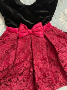 Girls Black Velvet &amp; Red Lace Dress