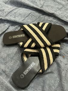 Black And White Strappy Beach Flats