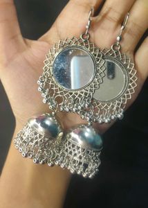 Silver Jhumka Earrings with Mirror Detail