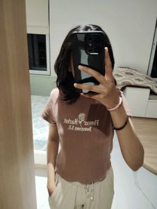Vintage Brown “Flower Market” Ribbed Crop Top