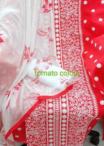 Red & White Embroidered Salwar Kameez Material
