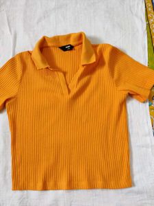 Orange Ribbed Polo Crop Top