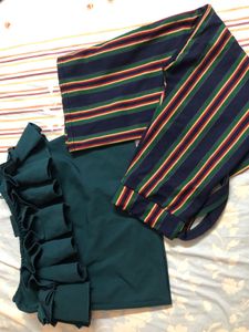 Combo Off Shoulder Bottle Green Top, Culotte
