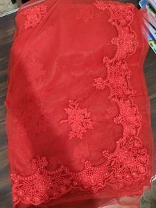 Red Embroidered Net Fabric