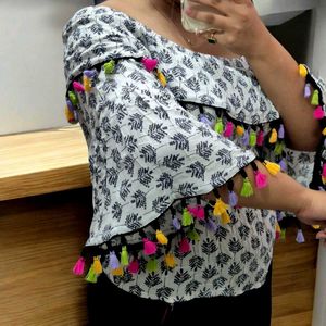 Boho Chic Off-Shoulder Cotton Top with Multicolor