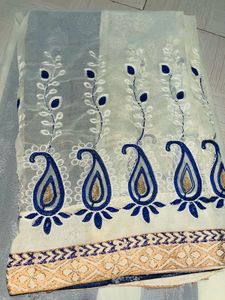 Elegant New Cream &amp; Navy Saree