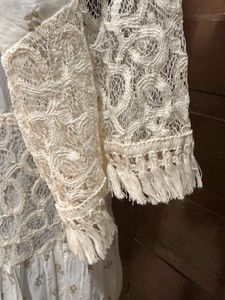 Women’s Cream Gold Embroidered Lace Trim  Dress