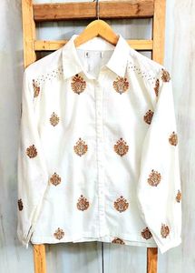Embroidered offWhite Cotton Shirt-44-46