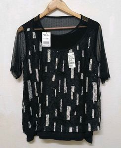Trendy New Black Sheer Embellished Top