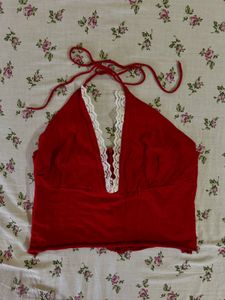 Dark Red Lace Halterneck Top