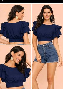 Stylish Navy Blue Ruffle Sleeve Top