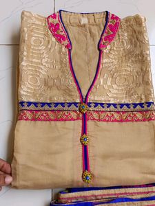 Beige And Blue Kurta Set With Duptta