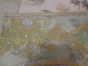 Aqua Net Saree with Silver and Gold Crystal Embell