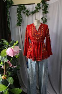 Red Embroidered Peasant Top