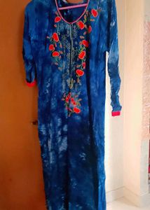Blue Tie-Dye Embroidered Kurti