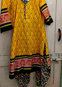 Yellow Printed kurtq and pant