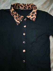 Black Button-Down Top w/ Leopard Collar