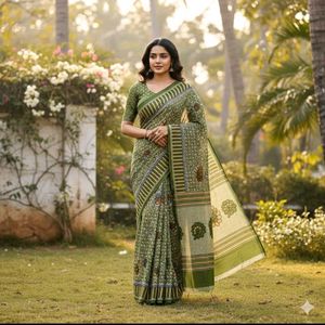 🛍️Green Floral Cotton Saree ⭐⭐⭐⭐⭐