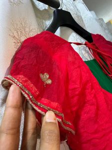 Green Gota Patti Saree with red blouse