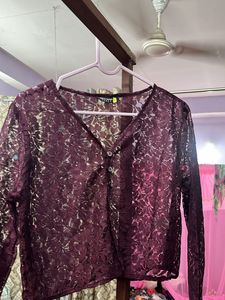 Maroon Lace Button Up Crop Top