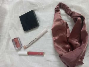 Lipgloss, brow palette, lipsticks, headband