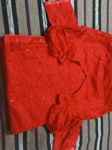 Red Blouse with Pearl Detail