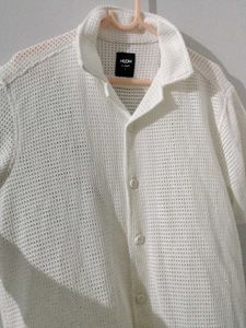 "NUON White Mesh Half Sleeve Button-Up Shirt