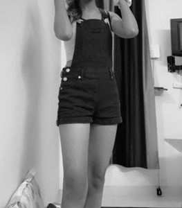 Black Short Dungaree With Pocket &amp; Button At Side