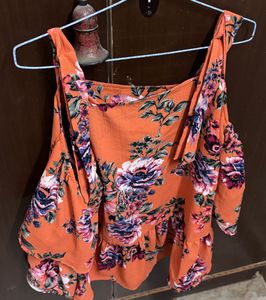 Floral Orange Cold Shoulder Top