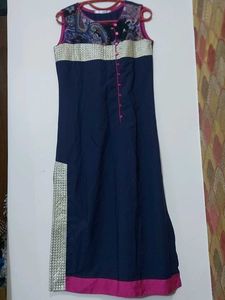 Navy Blue Polyester Kurta Sleeveless