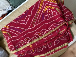 Red Bandhani Saree with Golden Border