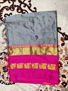 Grey and Pink Silk Saree