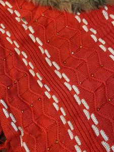 Red Knit Poncho with Faux Fur