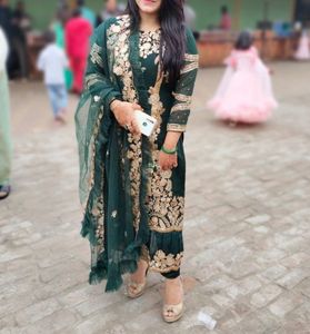 Elegant Green &amp; Gold Embroidered Outfit Pakistani