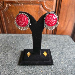 Stud Earrings - Red &amp; Silver