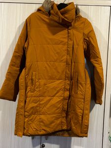 Mustard Puffer Coat with Faux Fur Hood