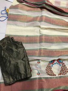Off White Peacock Embroidery Saree With Blouse