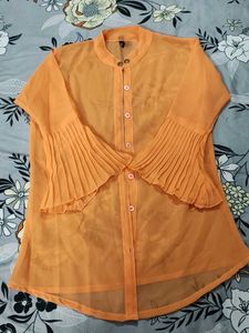 Orange Sheer Button-Up Top