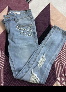 Pearl Embellished Ripped Jeans
