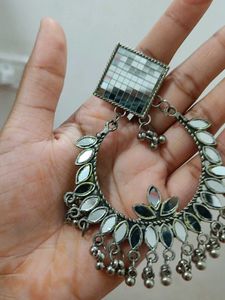 Mirror Embellished Silver Earrings