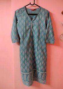 Turquoise Blue Kurta Top With White Pattern Design