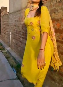 Yellow Embroidered Kurta Pant Duptta Set