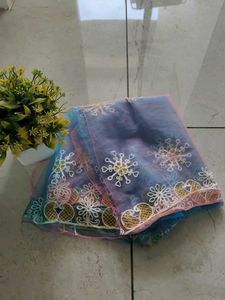 Unused Net Shawl With Embroidery Work