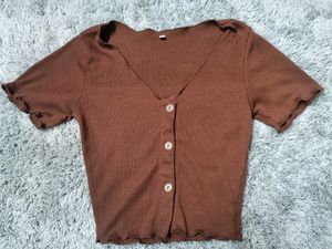 Ribbed Brown Button-Front Top