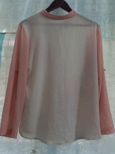 Pink White Crepe Top With Net Design